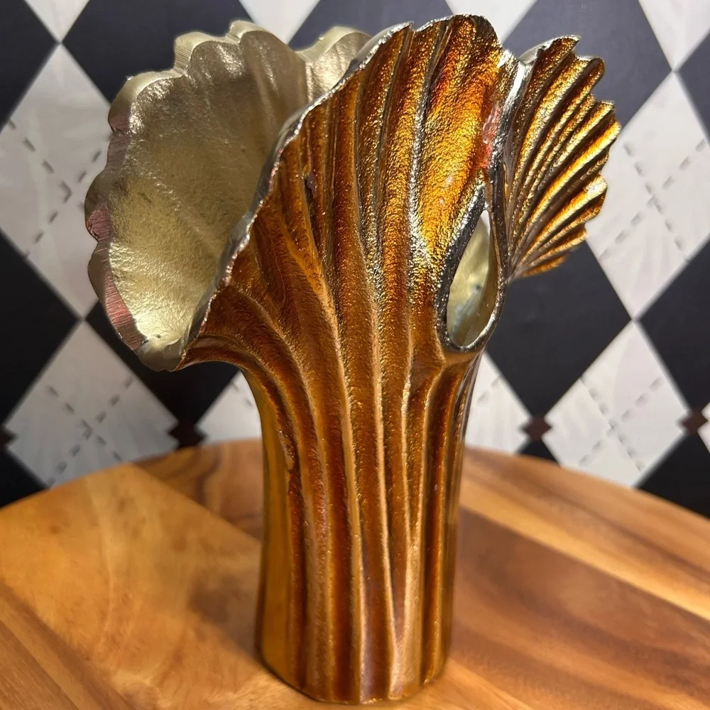 Vase Modern Asian Metal Enameled Ginkgo Leaf 9 Inch Decorative‎ Art